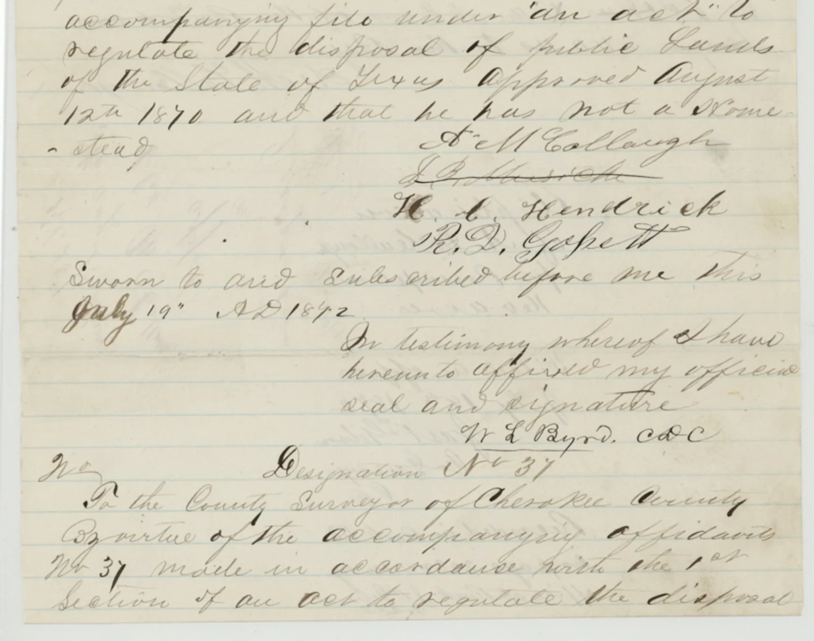 McCulloch, Alex Original Cursive Land Grant & Field Notes (Cherokee County, Abstract A-633)